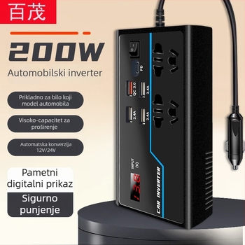 Automobilski inverter BY-1644, 12V/24V na 110V/220V, 100W/200W, s digitalnim zaslonom