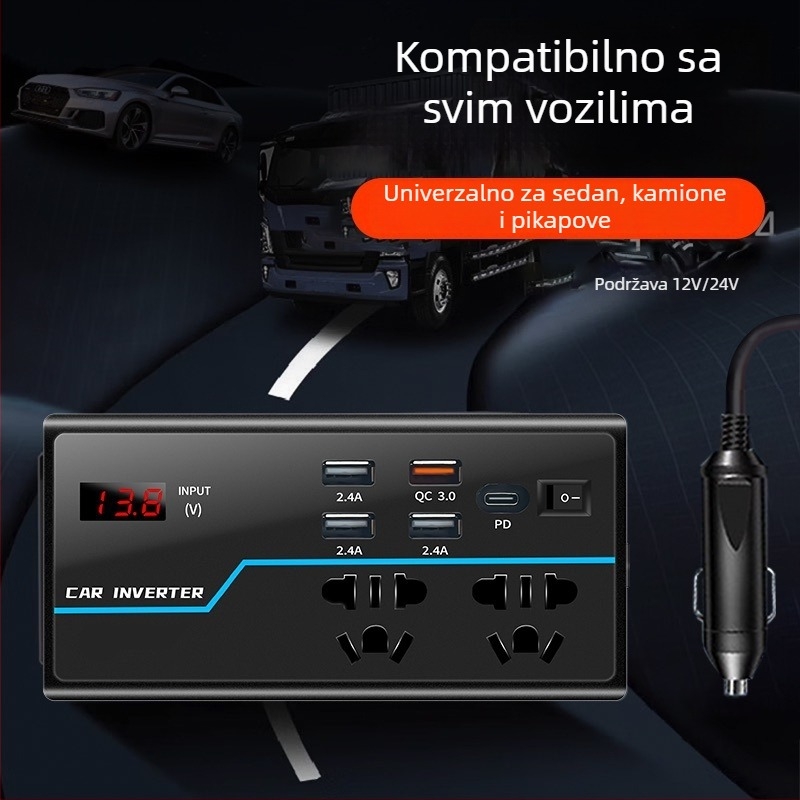 Automobilski inverter BY-1644, 12V/24V na 110V/220V, 100W/200W, s digitalnim zaslonom