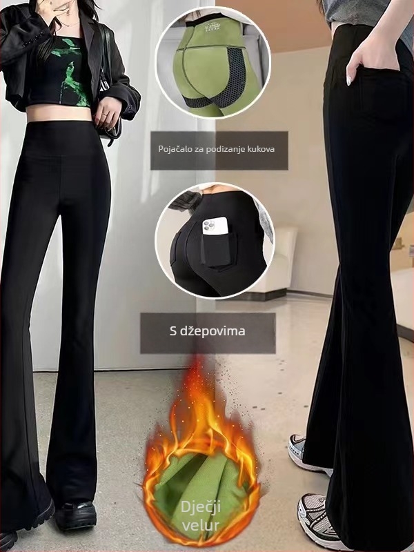 Nylon–spandeks s fleece podstavom, hlače do gležnja, široke nogavice s flare krojem, podizanje bokova, 3D tekstura, stražnji džep