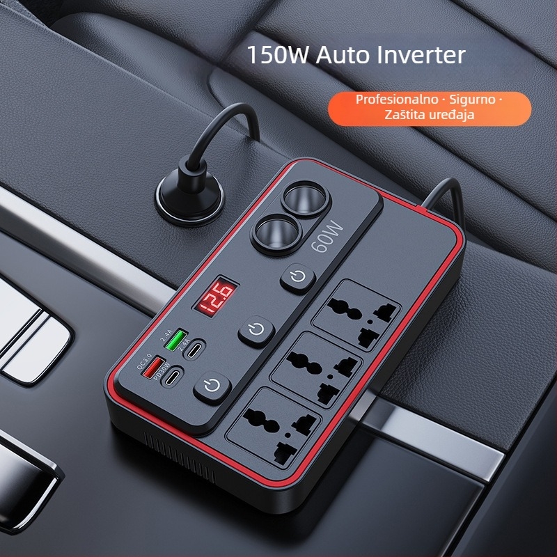 Automobilski inverter 12V/24V DC na 220V AC, 150W, s prikazom napona i nezavisnim prekidačem