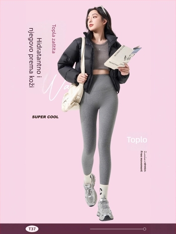 Ženske pamučne jogice s flis podstavom, tople, visokim strukom, kontrola trbuha, podizanje bokova, 3D uzorak, 90-95% pamuka