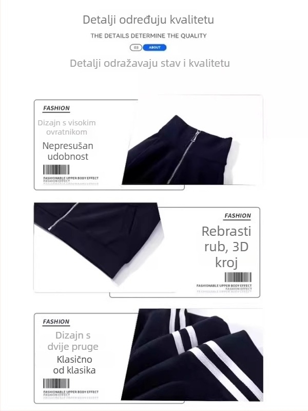 Ženska koreanskog stila zip cardigan s tri pruge baseball dizajnom, pamuk-poliester smjesa, stojeći ovratnik, dugi rukavi, opušten kroj, dužina 40–50 cm