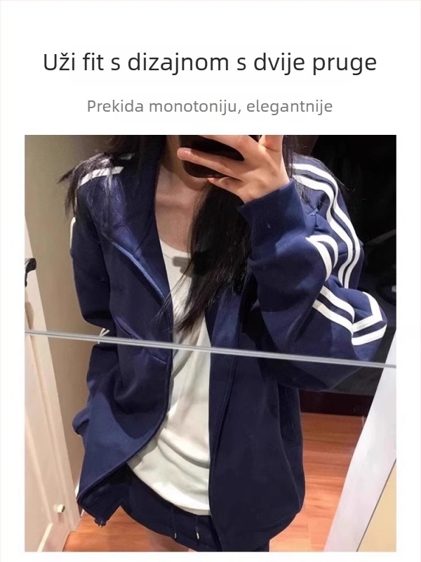 Ženska koreanskog stila zip cardigan s tri pruge baseball dizajnom, pamuk-poliester smjesa, stojeći ovratnik, dugi rukavi, opušten kroj, dužina 40–50 cm