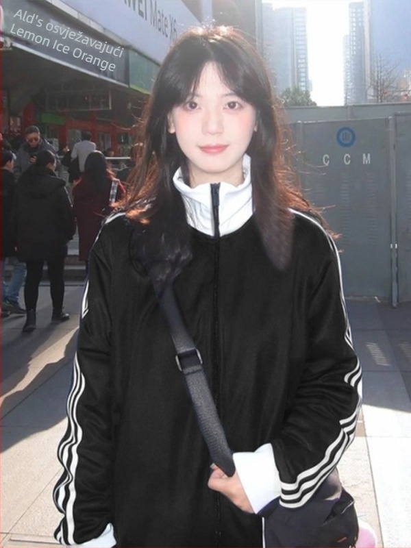 Ženska koreanskog stila zip cardigan s tri pruge baseball dizajnom, pamuk-poliester smjesa, stojeći ovratnik, dugi rukavi, opušten kroj, dužina 40–50 cm