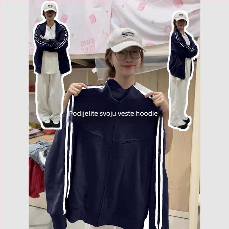 Ženska koreanskog stila zip cardigan s tri pruge baseball dizajnom, pamuk-poliester smjesa, stojeći ovratnik, dugi rukavi, opušten kroj, dužina 40–50 cm