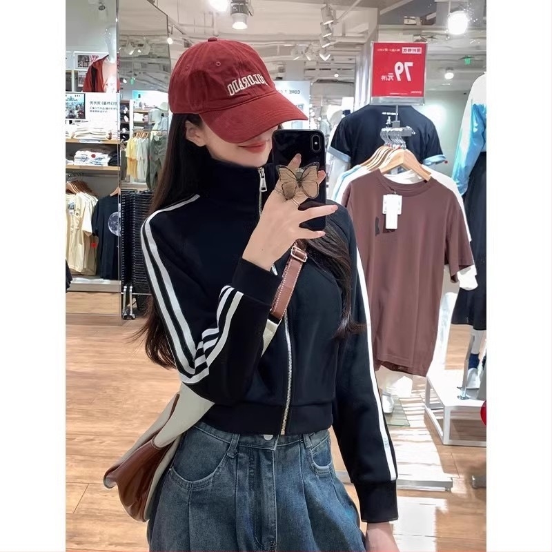 Ženska koreanskog stila zip cardigan s tri pruge baseball dizajnom, pamuk-poliester smjesa, stojeći ovratnik, dugi rukavi, opušten kroj, dužina 40–50 cm