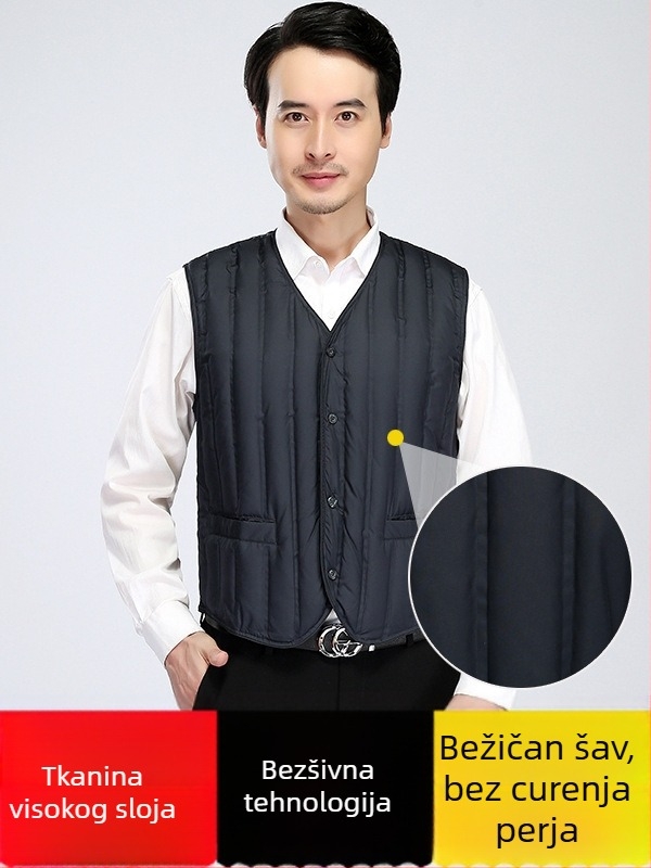 Muška down vesta, 90% bijelog gusjeg pera, 40–52 g punila, lagana i tanka, bez kapulje, za jesen/zimu