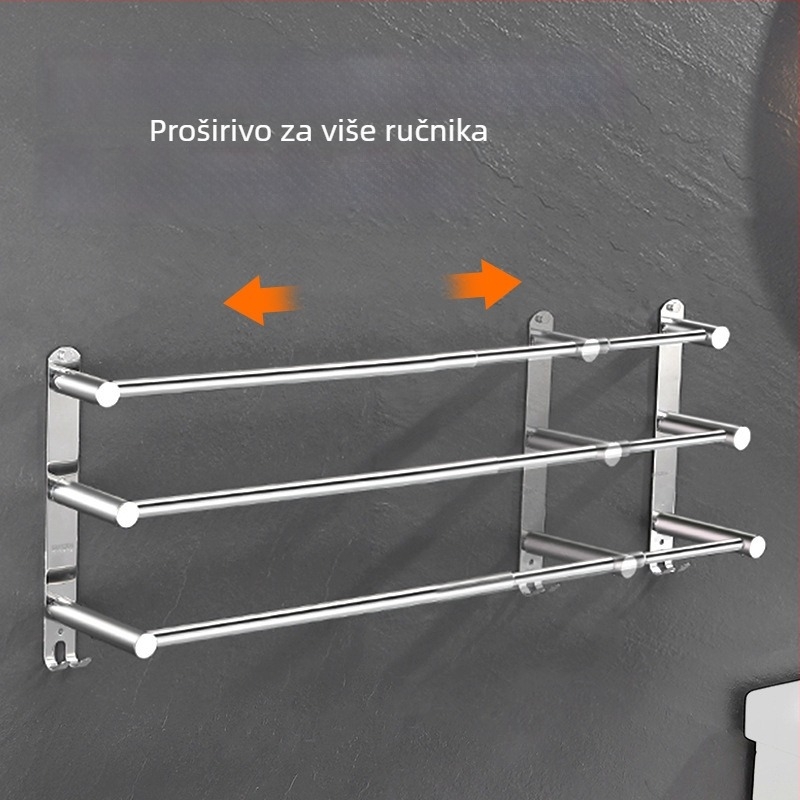 Nehrđajući čelični izvučni nosač za ručnike, zidni, sjajan završni sloj, bez bušenja, s jednom ili dvostrukom šipkom