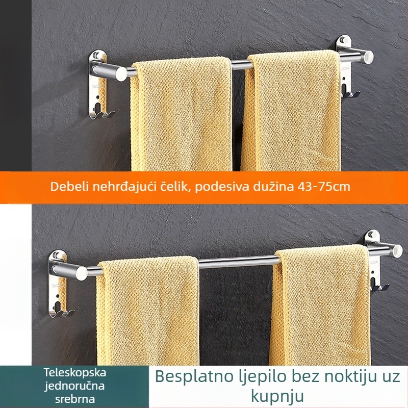 Nehrđajući čelični izvučni nosač za ručnike, zidni, sjajan završni sloj, bez bušenja, s jednom ili dvostrukom šipkom