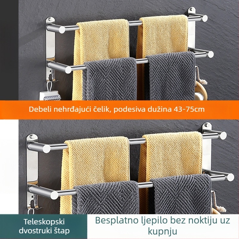 Nehrđajući čelični izvučni nosač za ručnike, zidni, sjajan završni sloj, bez bušenja, s jednom ili dvostrukom šipkom