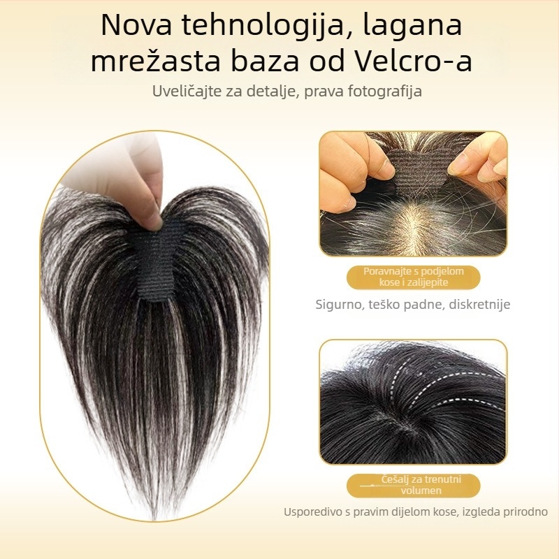 Perika od prirodne kose, potpuno ručno tkana, s Velcro trakom, model Velcro small t, ravna kosa