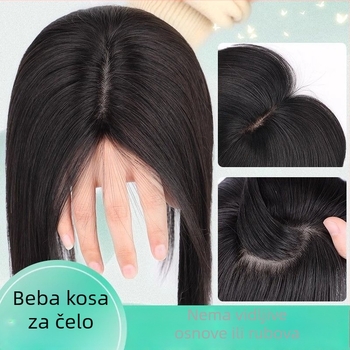 Topper za kosu od pravih vlasi, bezšivni jednovolni komad, potpuno ručno pleten, dodaje volumen i skriva sijedu kosu, šiška ravna ili nagnuta