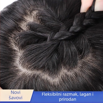 Topper za kosu od pravih vlasi, bezšivni jednovolni komad, potpuno ručno pleten, dodaje volumen i skriva sijedu kosu, šiška ravna ili nagnuta