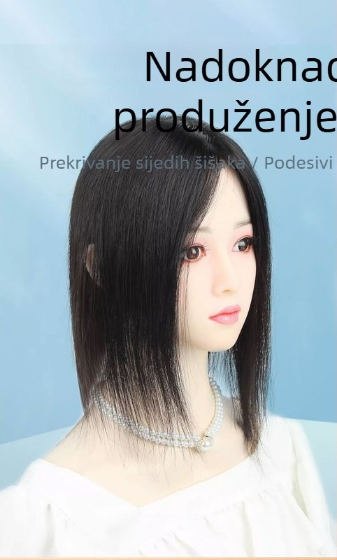 Topper za kosu od pravih vlasi, bezšivni jednovolni komad, potpuno ručno pleten, dodaje volumen i skriva sijedu kosu, šiška ravna ili nagnuta