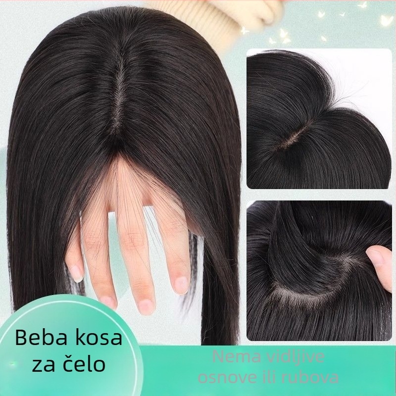 Topper za kosu od pravih vlasi, bezšivni jednovolni komad, potpuno ručno pleten, dodaje volumen i skriva sijedu kosu, šiška ravna ili nagnuta