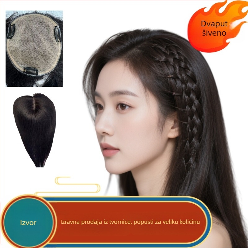 Topper za kosu od pravih vlasi, bezšivni jednovolni komad, potpuno ručno pleten, dodaje volumen i skriva sijedu kosu, šiška ravna ili nagnuta