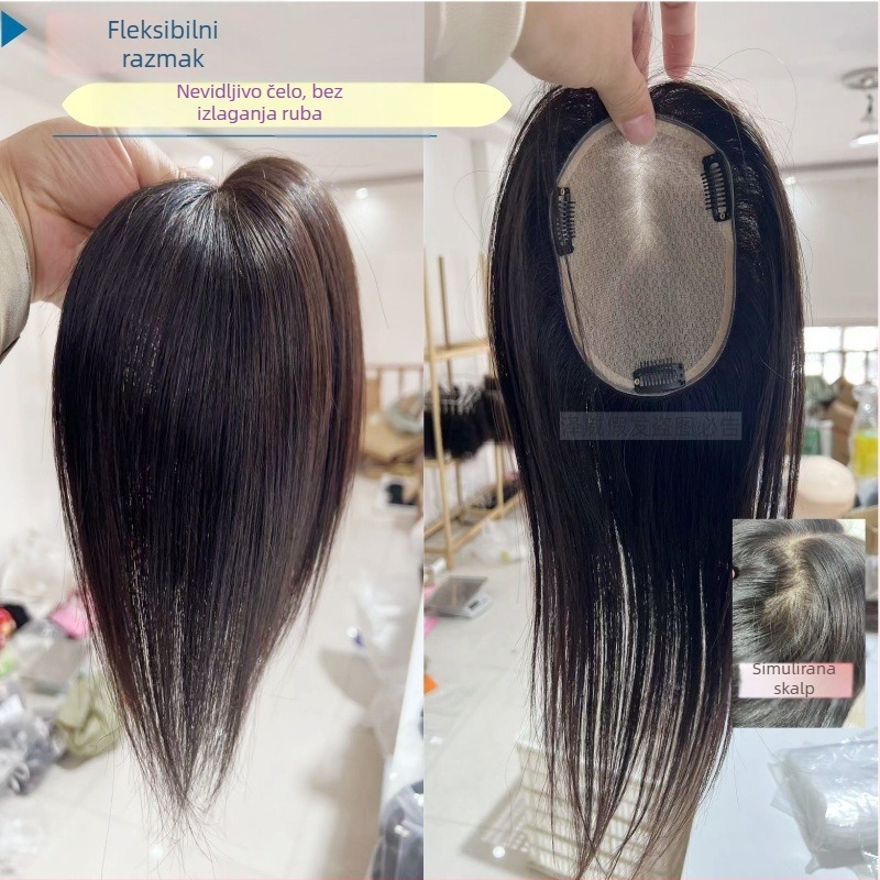 Topper za kosu od pravih vlasi, bezšivni jednovolni komad, potpuno ručno pleten, dodaje volumen i skriva sijedu kosu, šiška ravna ili nagnuta