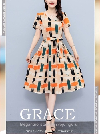 Ženska cvjetna A-linijska haljina s džepovima, pamuk-poliester, okrugli izrez