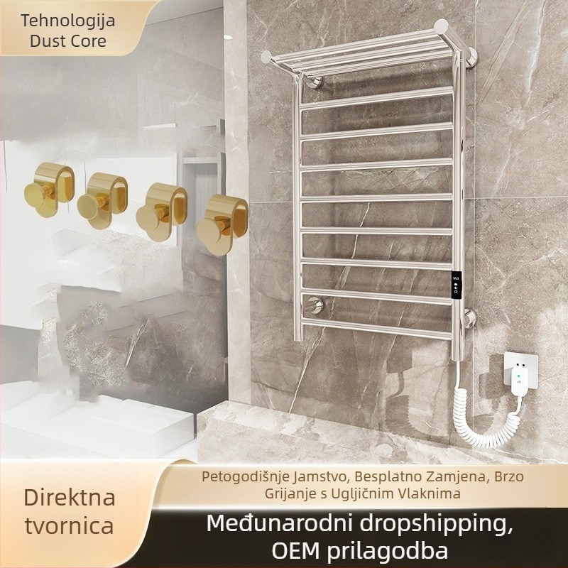 Električni grijani stalak za ručnike u kupaonici, aluminijska legura, 3 etaže, s kukama, elektrostatni premaz, nosivost 20 kg