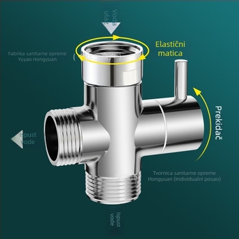 Trostruki vodovodni razdjelnik, bakreni, elektropladirani, ručna ugradnja, 0–99°C, ulaz 1, izlaz 2, za slavinu, tuš i perilicu
