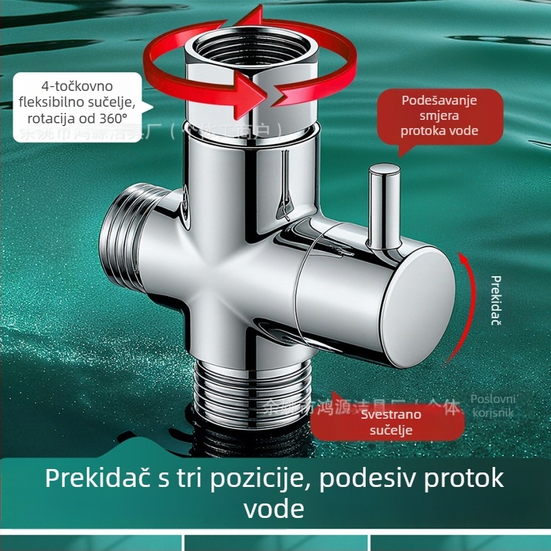Trostruki vodovodni razdjelnik, bakreni, elektropladirani, ručna ugradnja, 0–99°C, ulaz 1, izlaz 2, za slavinu, tuš i perilicu