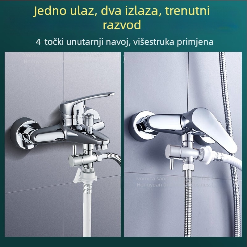 Trostruki vodovodni razdjelnik, bakreni, elektropladirani, ručna ugradnja, 0–99°C, ulaz 1, izlaz 2, za slavinu, tuš i perilicu