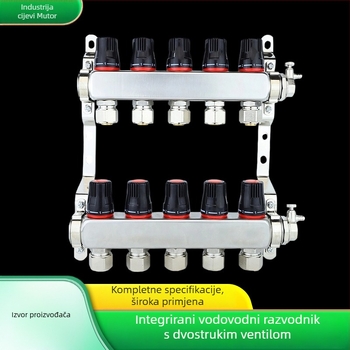 Distribucijski vodovod za sustav podnog grijanja s integriranim dvostrukim ventilem, višenamjenski razdjelnik, promjenjivi promjer