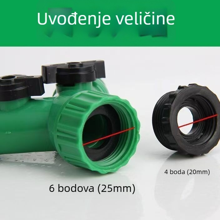 Kran za vodu razdjelnik 1/2 na 2 puta spoj za vrtni crijevo, Y-spoj s ventilom, PVC, glavni promjer 4/6 inča, promjer grane 3, spirijalno sučelje