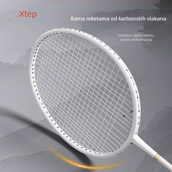 Raketa za badminton od karbonskih vlakana, lagana jednodjelna konstrukcija, ravni vrat, težina 95–100 g, srednja tvrdoća, za početnike