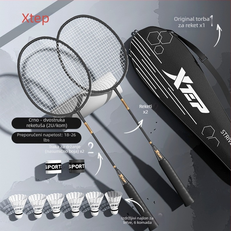 Raketa za badminton od karbonskih vlakana, lagana jednodjelna konstrukcija, ravni vrat, težina 95–100 g, srednja tvrdoća, za početnike