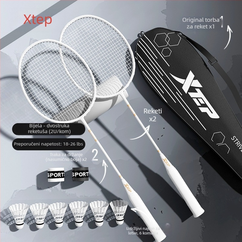 Raketa za badminton od karbonskih vlakana, lagana jednodjelna konstrukcija, ravni vrat, težina 95–100 g, srednja tvrdoća, za početnike