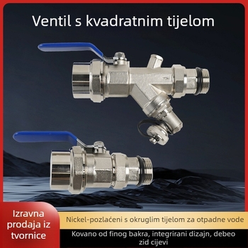 Potpuno bakreni distribucijski kolektor za podno grijanje s ventilom za pražnjenje — niklirana površina, četvrtasto tijelo ventila, spajanje toplim zavarivanjem, PPR ulaz
