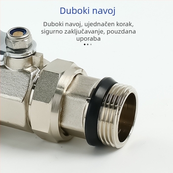 Potpuno bakreni distribucijski kolektor za podno grijanje s ventilom za pražnjenje — niklirana površina, četvrtasto tijelo ventila, spajanje toplim zavarivanjem, PPR ulaz