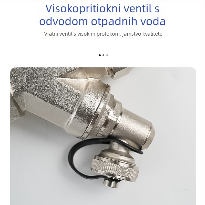 Potpuno bakreni distribucijski kolektor za podno grijanje s ventilom za pražnjenje — niklirana površina, četvrtasto tijelo ventila, spajanje toplim zavarivanjem, PPR ulaz