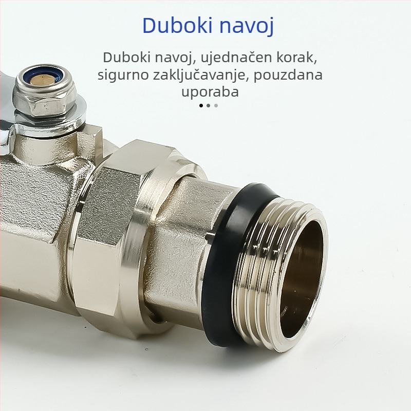 Potpuno bakreni distribucijski kolektor za podno grijanje s ventilom za pražnjenje — niklirana površina, četvrtasto tijelo ventila, spajanje toplim zavarivanjem, PPR ulaz