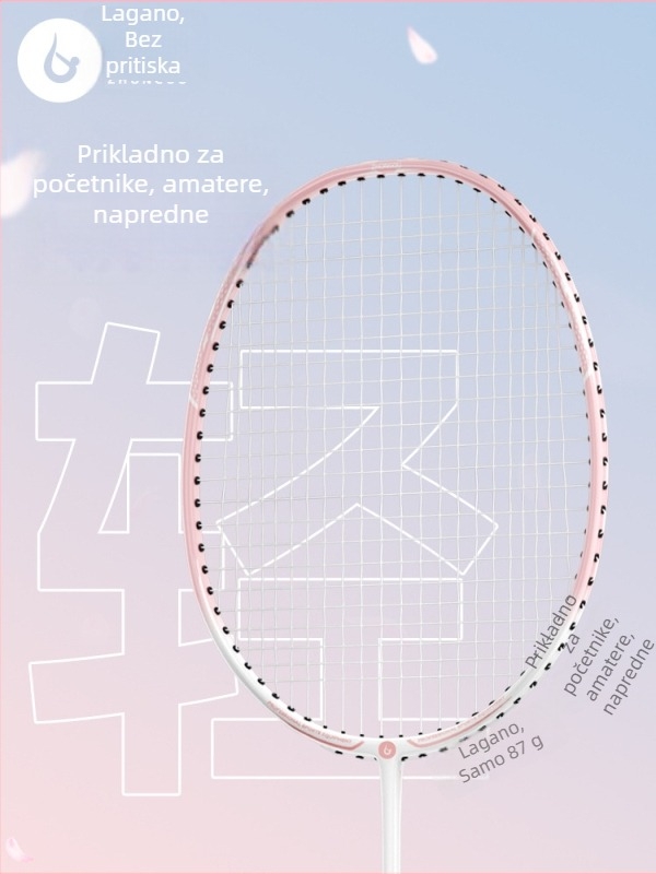 Raketa za badminton s aluminij-karbonskom okvirom, težina 85–89 g, držač G3, ravni vrat, vlaknaste svilene strune