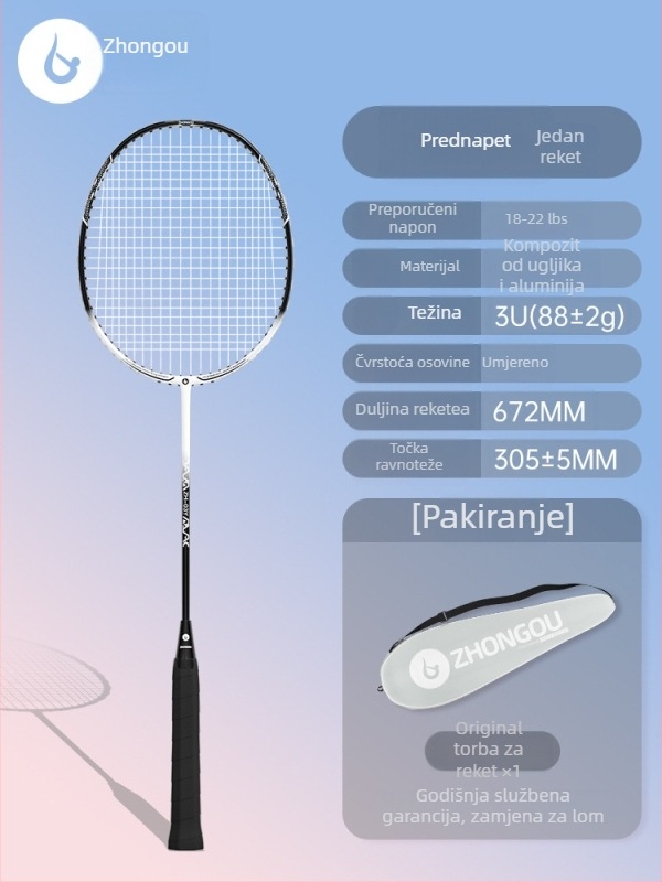 Raketa za badminton s aluminij-karbonskom okvirom, težina 85–89 g, držač G3, ravni vrat, vlaknaste svilene strune