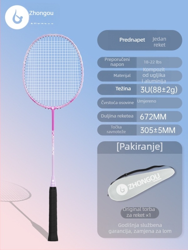 Raketa za badminton s aluminij-karbonskom okvirom, težina 85–89 g, držač G3, ravni vrat, vlaknaste svilene strune