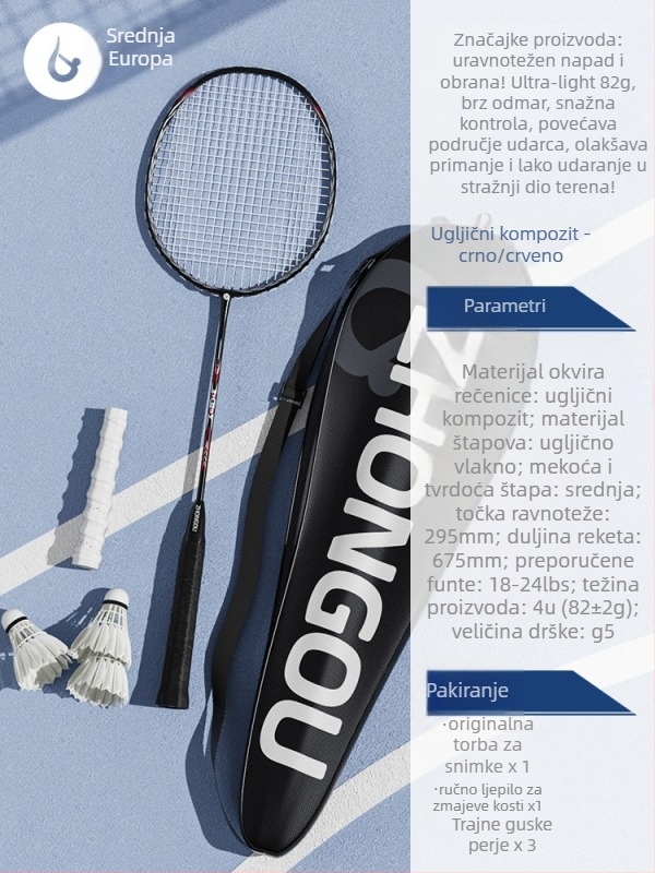 Raketa za badminton s aluminij-karbonskom okvirom, težina 85–89 g, držač G3, ravni vrat, vlaknaste svilene strune
