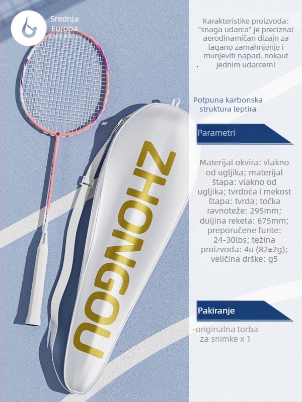 Raketa za badminton s aluminij-karbonskom okvirom, težina 85–89 g, držač G3, ravni vrat, vlaknaste svilene strune