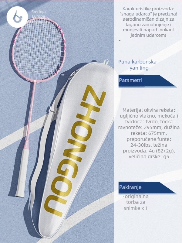 Raketa za badminton s aluminij-karbonskom okvirom, težina 85–89 g, držač G3, ravni vrat, vlaknaste svilene strune