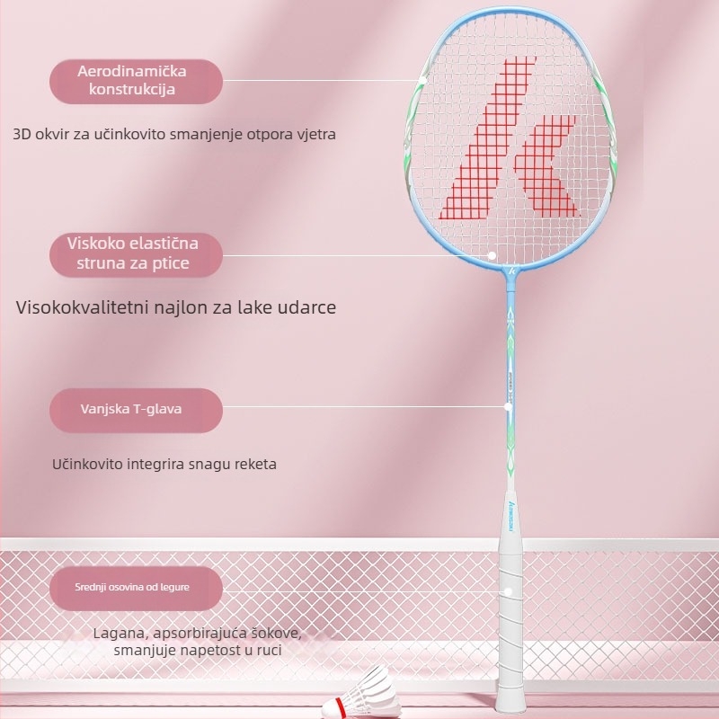 Reket badminton Kawasaki X700 — okvir od željeznog legura, vlaknasta žica, težina 95–100 g, drška G3