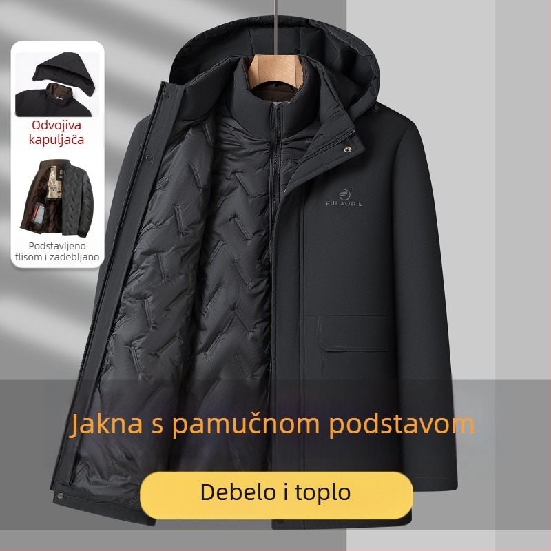 Muška zimska jakna s kapuljom, odvojiva podstava, fleece unutrašnjost, prednji zatvarač, višestruki džepovi