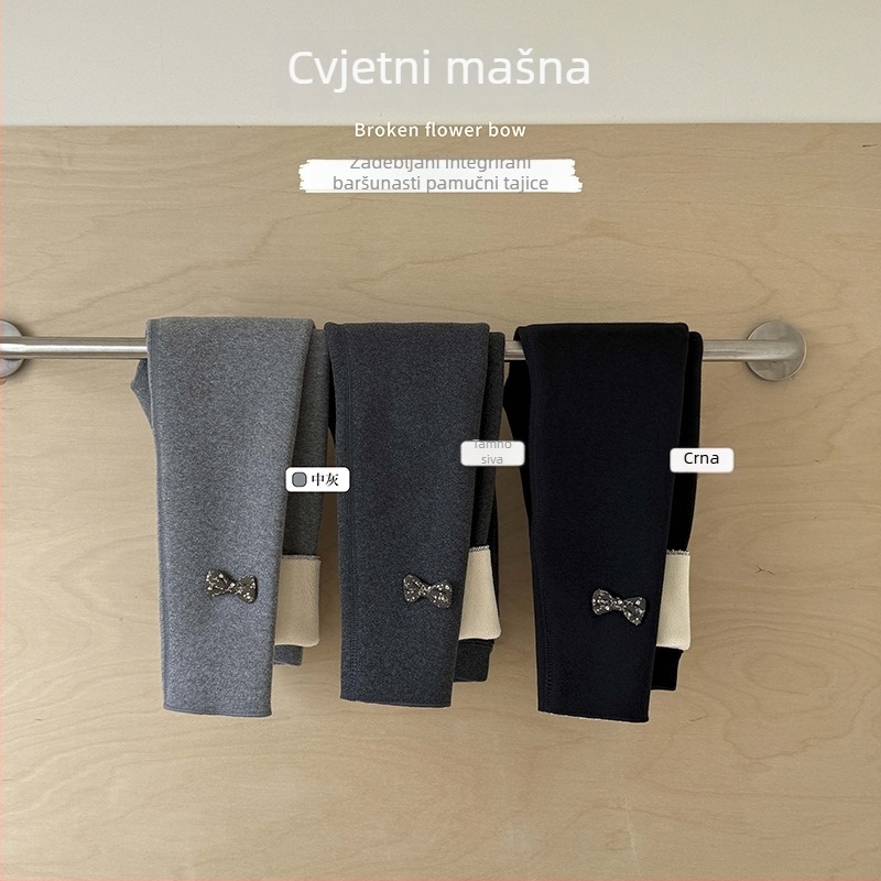 Bomier Dječje Ženske Zimske Debele Pamuk Leggings S Vezom, Fleec Podstava, Elastični Struk, Srednji Struk, Bez Otvora V Preklopu, 140 cm+