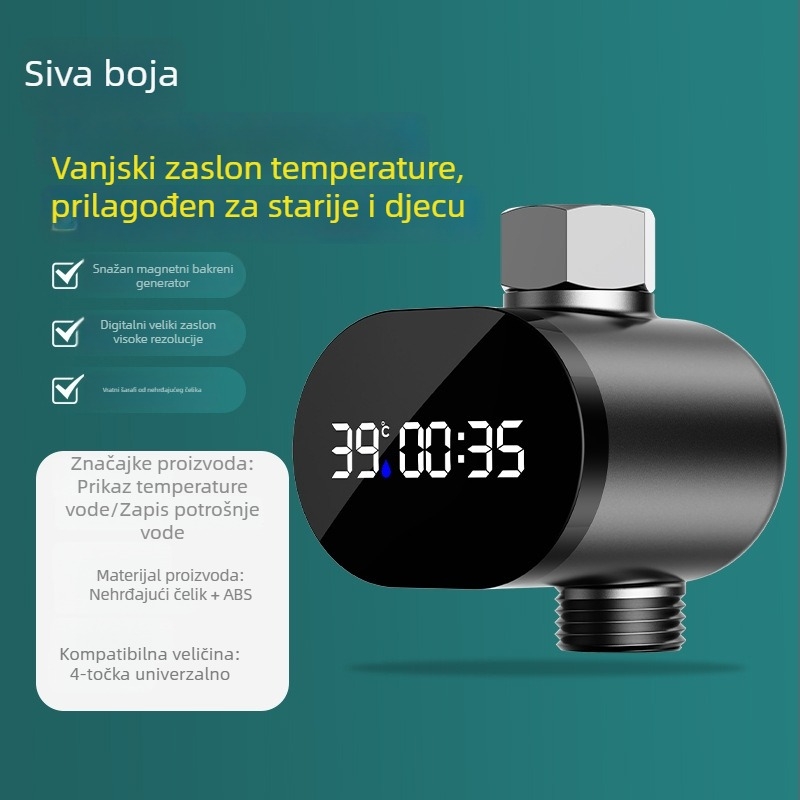 Termometar za tuš slavinu s LED zaslonom i regulacijom temperature (ABS, 0–60°C, miješani izlaz, spiralni priključak)