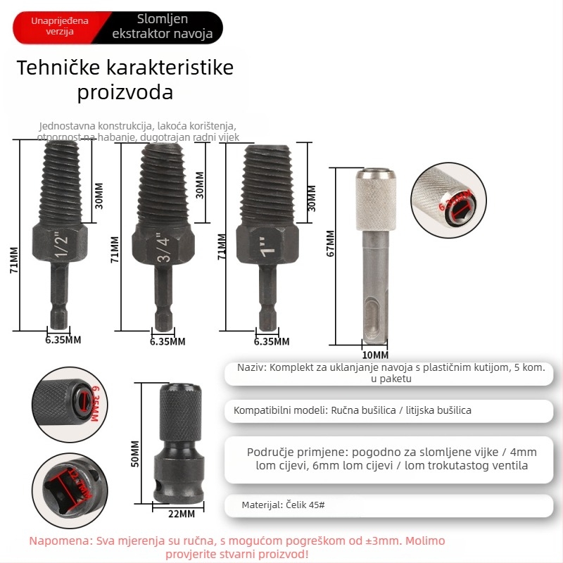 FURONGHUA Thread Breaker Extractor set za ručnu bušilicu i trokut ventila za vodovod, 5 komada, 71 mm duljina, čelik 45#