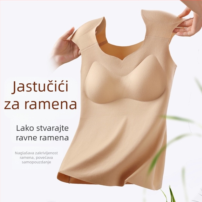 Termalna majica za žene s ugrađenim košaricama, okrugli izrez, najlon materijal, zagrijavajuća plišana podstava