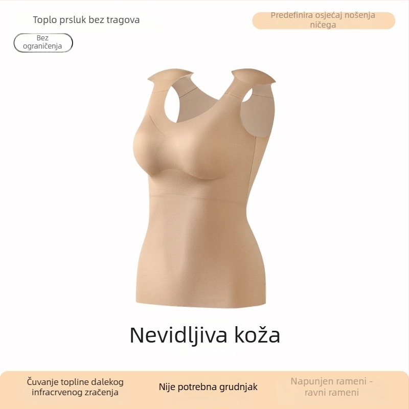 Termalna majica za žene s ugrađenim košaricama, okrugli izrez, najlon materijal, zagrijavajuća plišana podstava