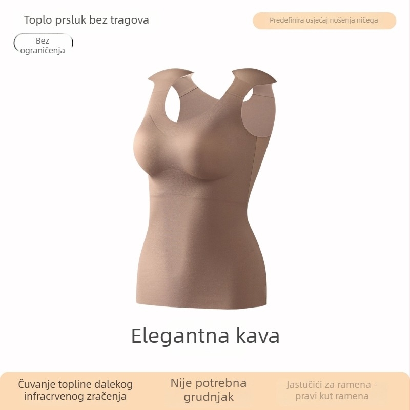 Termalna majica za žene s ugrađenim košaricama, okrugli izrez, najlon materijal, zagrijavajuća plišana podstava