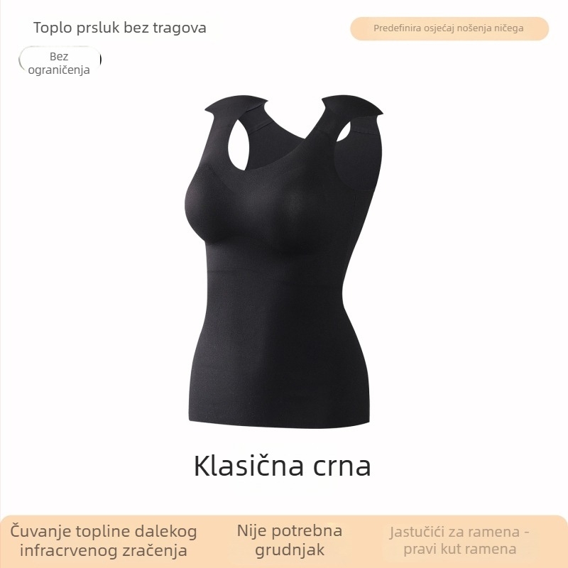 Termalna majica za žene s ugrađenim košaricama, okrugli izrez, najlon materijal, zagrijavajuća plišana podstava